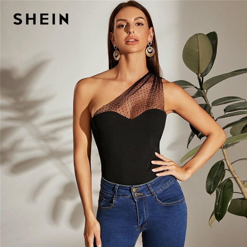 SHEIN Schwarzes One-Shoulder-Top mit Punktbeflockung aus Netzstoff, Damen, Sommer, Slim Fit, Weste, ärmellos, elegant, solide Damen-Tops
