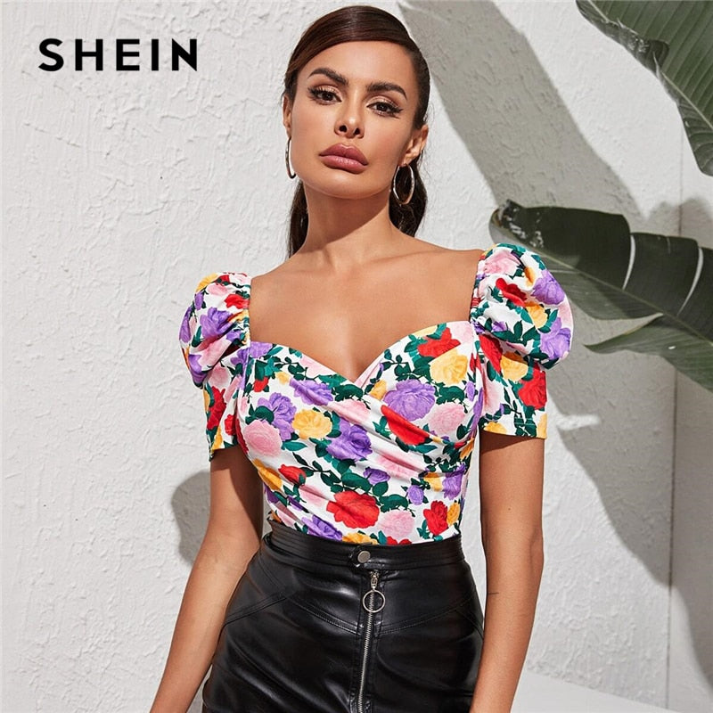 SHEIN Multicolor Sweetheart Neck Puff Sleeve Floral Top Slim Fit Wrap Blouse Summer Elegant Short Sleeve Womens Tops and Blouses