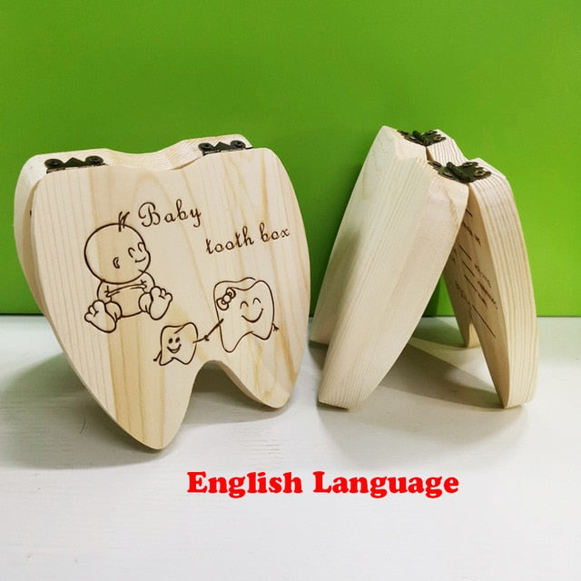 Wooden Baby Tooth Box English /Spanish /Portuguese Milk Teeth Umbilical Organizer Storage Boys Girls Souvenir Case Baby Gifts