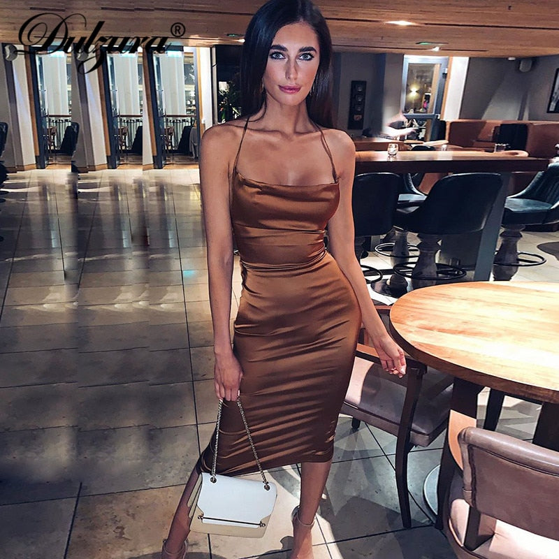 Dulzura neon satin lace up women long midi dress bodycon backless elegant party sexy club clothes 2021 summer dinner outfit
