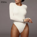 FSDA cuello redondo manga larga blanco sólido Sexy Bodysuit mujer negro Otoño Invierno Body Top gris Casual señora Streetwear Bodysuits