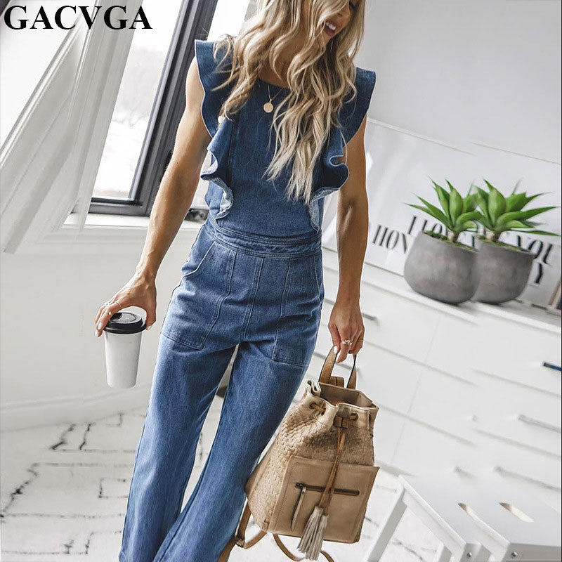 GACVGA Butterfly Bell Pierna ancha Bodycon Denim Jumpsuit Casual Rompers Back Lace Up Moda Tendencias Monos Overoles