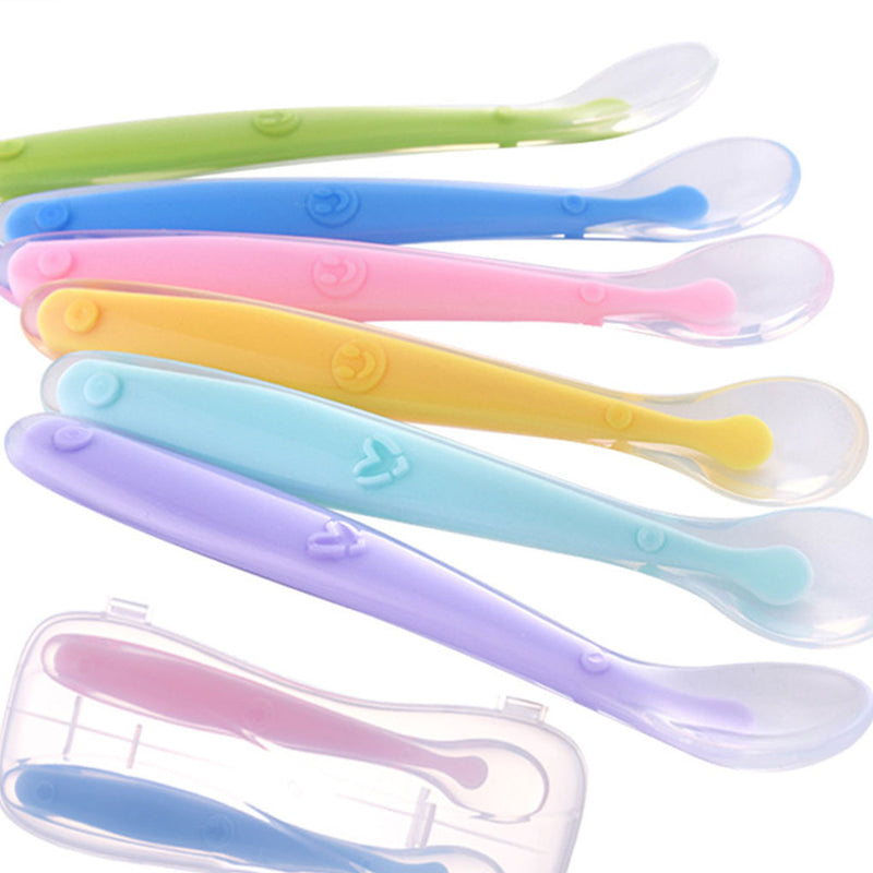 Heißer Verkaufs-Baby-weicher Silikon-Löffel-Süßigkeit-Farben-Temperaturmess-Löffel-Kind-Nahrung-Baby-Fütterungs-Werkzeuge