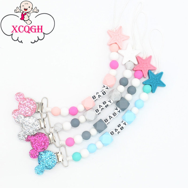 XCQGH Personalised Name Silicone Baby Pacifier Clips Chain Nipple Pacifier Chain with Mouse Holder for Baby, Baby Shower Gift