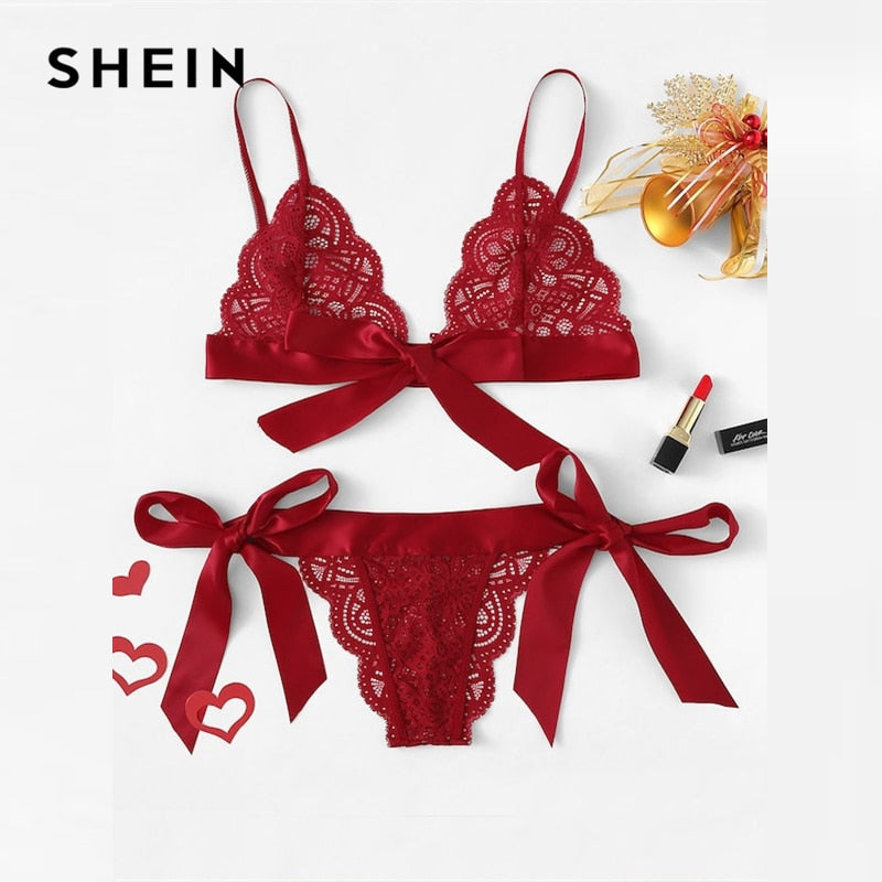 SHEIN Lace Sexy lingerie Set Hot Women Sleepwear V Neck Sleeveless Lace Scallop Bralette And Pantie Intimate Lingerie