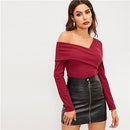 SHEIN White Asymmetrical Neck Solid Tee Rib-Knit Slim Fit Party Casual Pullover Long Sleeve Shirt 2018 Autumn Women Tshirt Top