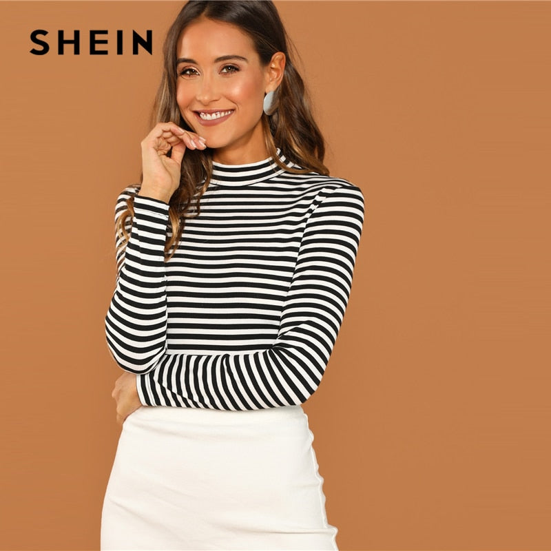 SHEIN Modern Lady blanco y negro Slim Fit Mock Neck cuello alto rayas Rib Knit camiseta 2018 otoño Campus mujer camiseta Top