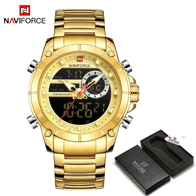 NAVIFORCE, reloj de pulsera deportivo militar para hombre, reloj de pulsera de acero de cuarzo dorado resistente al agua, reloj Masculino de doble pantalla, reloj Masculino 9163