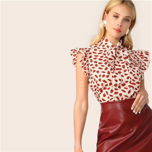 SHEIN Elegant Red Bow Tie Neck Ruffle Trim Petal Print Top Blouse Women Summer 2019 Office Lady Workwear Sleeveless Blouses