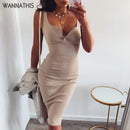 WannaThis vestido hasta la rodilla de punto elástico sin mangas Bodycon elegante mujer 2019 verano Sexy cuello en V botón fiesta vestidos ajustados