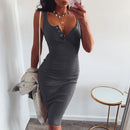 WannaThis vestido hasta la rodilla de punto elástico sin mangas Bodycon elegante mujer 2019 verano Sexy cuello en V botón fiesta vestidos ajustados