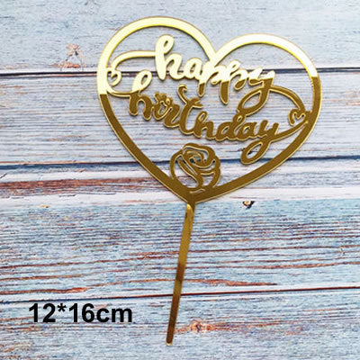 Happy Birthday Love Flag Cake Topper Acrylic Letter Gold Silver Cake Top Flag Decoration for Birthday Party Wedding Supplies