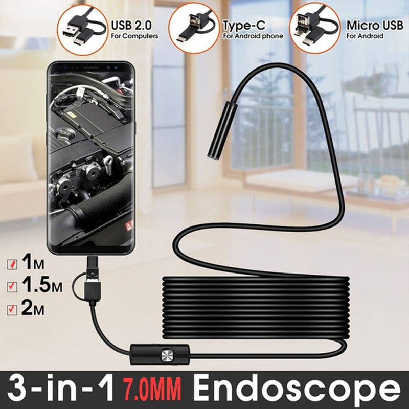 Mini cámara endoscópica USB tipo C, 7mm, 2m, 1m, 1,5 m, Cable duro Flexible, cámara de inspección con boroscopio de serpiente para teléfono inteligente Android y PC