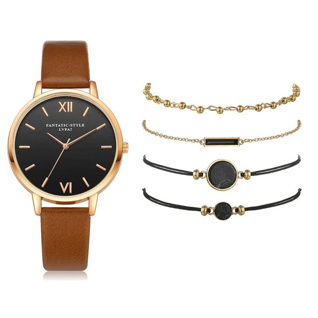 Conjunto de reloj para mujer, 5 uds., reloj de pulsera de cuarzo para mujer, pulsera de cuero para mujer, reloj de lujo, reloj informal para mujer, regalo para novia