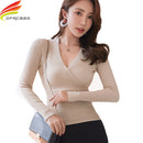 2020 nuevo suéter Sexy con cuello en V profundo, suéter de mujer, suéteres de fondo ajustados informales, Tops de manga larga de algodón elástico para mujer