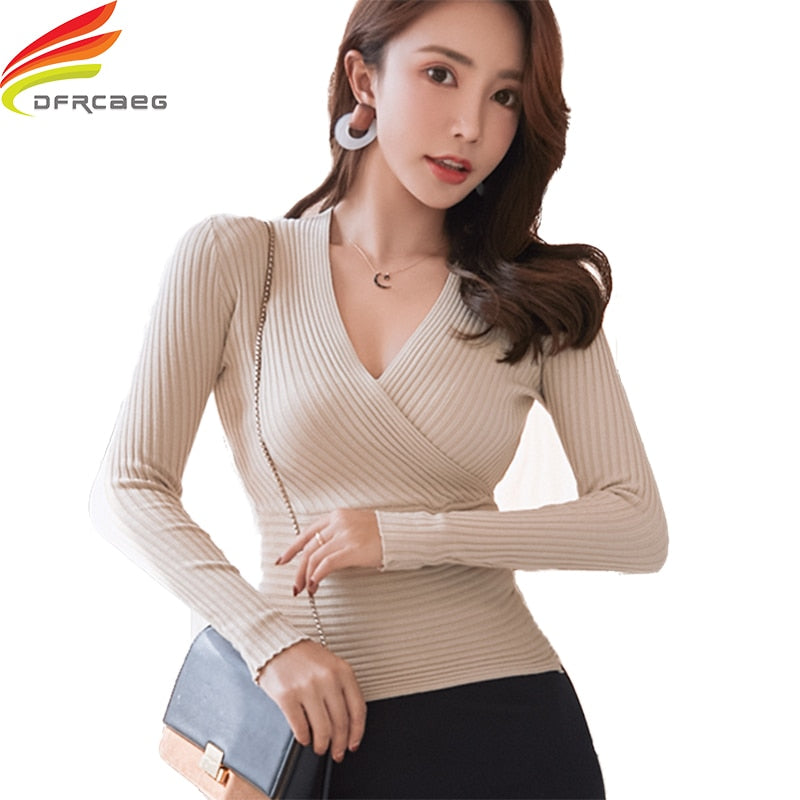 2020 New Sexy Deep V Neck Sweater Women's Pullover Casual Slim Bottoming Sweaters Female Elastic Cotton Long Sleeve Tops Femme