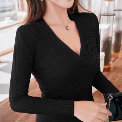 2020 New Sexy Deep V Neck Sweater Women's Pullover Casual Slim Bottoming Sweaters Female Elastic Cotton Long Sleeve Tops Femme