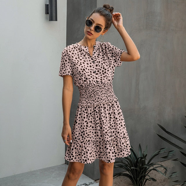Dress Women Leopard Casual Black Summer Ruffle Mini Dresses Buttons Ladies Purple Waisted Fitted Clothing 2020 Womens Clothes