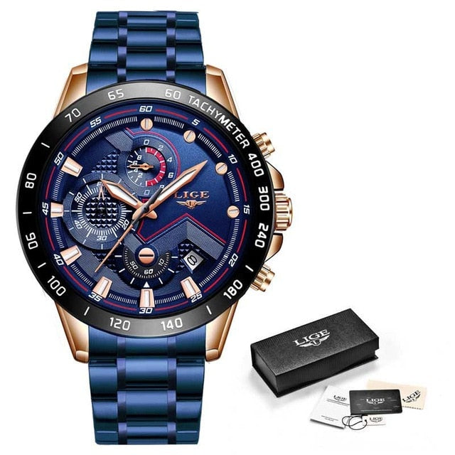 LIGE 2020 Neue Mode Herrenuhren mit Edelstahl Top Marke Luxus Sport Chronograph Quarzuhr Herren Relogio Masculino
