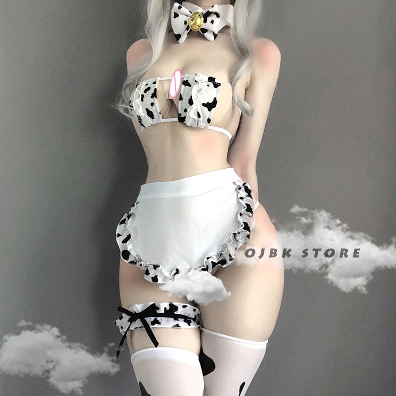 OJBK New Cos Cow Cosplay Maid Tankini Bikini Badeanzug Anime Mädchen Bademode Kleidung Lolita BH und Panty Set Strümpfe