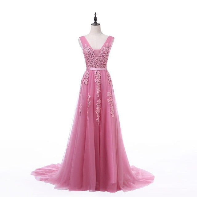 FADISTEE Vestido De Festa Süße rosa Spitze mit V-Ausschnitt, langes Abendkleid, Brautparty, sexy, rückenfreie Perlen, Perlen, Abschlussballkleider zum Schnüren