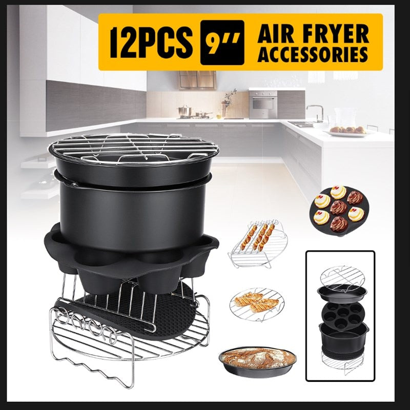 12Pcs Air Fryer Accessories 9 Inch Fit for Airfryer 5.2-6.8QT Baking Basket Pizza Plate Grill Pot Kitchen Cooking Tool for Party