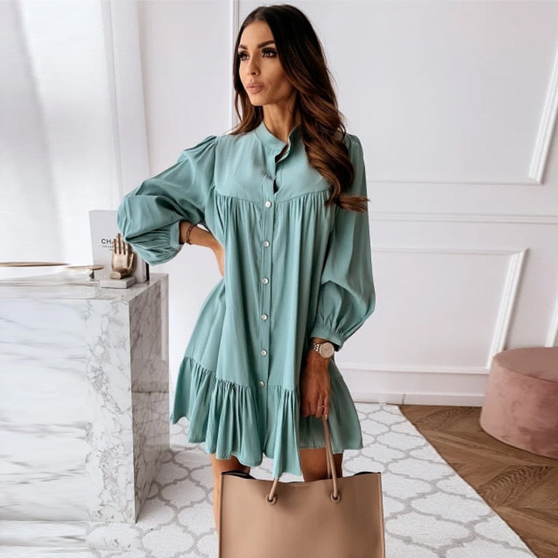 Frauen Vintage gekräuselte Front Knopf A-Linie Kleid Langarm Stehkragen Solide Elegant Casual Minikleid 2021 Frühling Neues Kleid