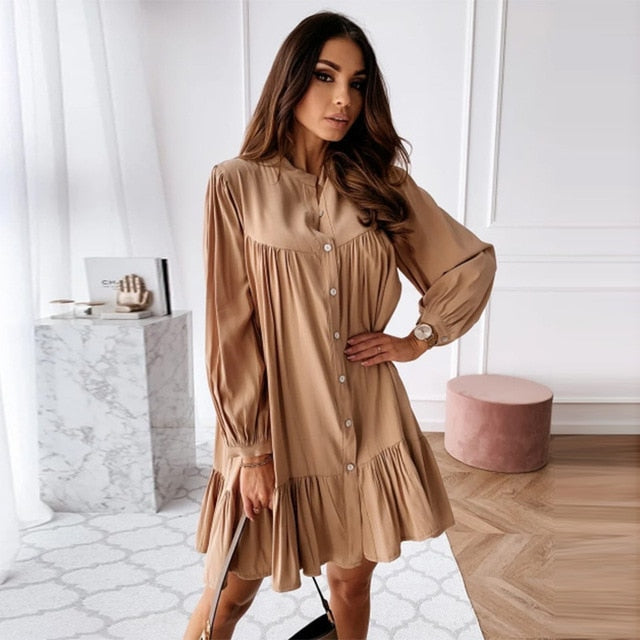 Women Vintage Ruffled Front Button A-line Dress Long Sleeve Stand Collar Solid Elegant Casual Mini Dress 2021 Spring New Dress