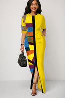 Damen Mode Halbarm Kleid Frauen Elegant Runder Kragen Geometrischer Druck Spleißen Temperament Maxikleid Für Ballparty