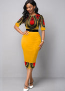 Damen Mode Halbarm Kleid Frauen Elegant Runder Kragen Geometrischer Druck Spleißen Temperament Maxikleid Für Ballparty