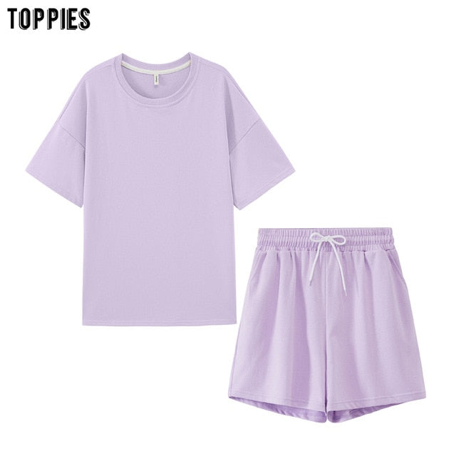 Toppies Sommer-Trainingsanzüge, zweiteiliges Set, Freizeit-Outfits, Baumwolle, übergroße T-Shirts, hohe Taille, Shorts, bonbonfarbene Kleidung