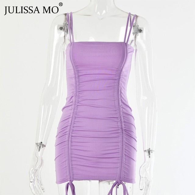 JULISSA MO Lila Sexy Sommer Cami Straps Kleid Frauen Kordelzug Bandage Figurbetonte Kleider Rückenfreies Club Partykleid Mini Vestidos