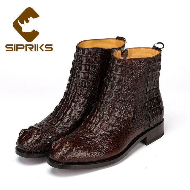 Sipriks Mens Navy Blue Crocodile Skin Shoes Bespoke Zip Goodyear Boots Boss Male Cowboy Boot Dark Brown Black Ankle Boots Big 45