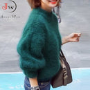 White Mohair Thicken Turtleneck Sweater Autumn Winter Sweet Fashion Lantern Sleeve Casual Solid Color Pullover pull femme