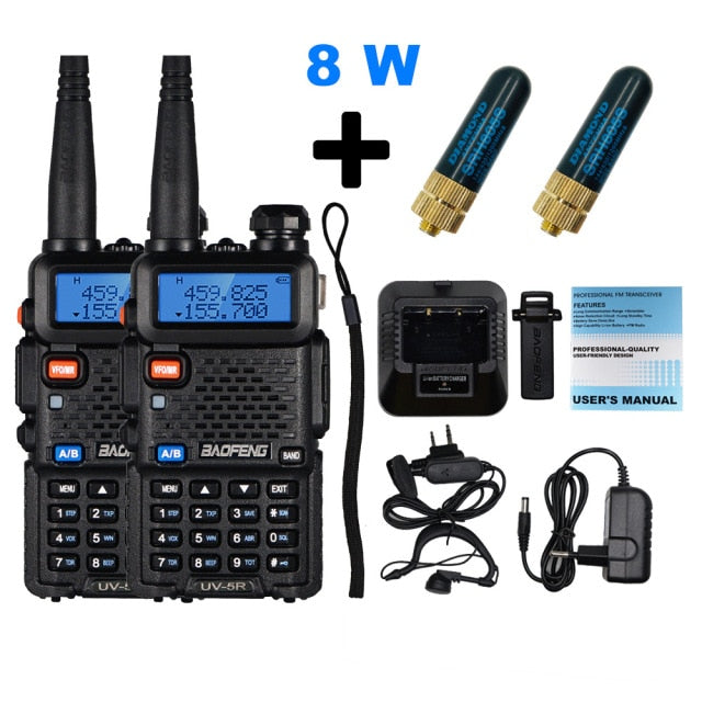 2 uds Real 8W Baofeng UV-5R Walkie Talkie UV 5R de alta potencia amateur Ham CB estación de Radio UV5R transceptor de banda Dual 10KM intercomunicador