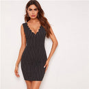 SHEIN Black Deep V Neck Scallop Trim Bodycon Dress Women Summer Sleeveless Pencil Slim Fit Short Elegant Dresses