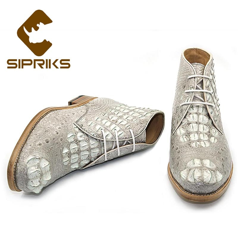 Sipriks Mens Crocodile Skin Boots Grey White Real Alligator Leather Ankle Boots Male Cowboy Boot Imported Italian Leather Sole