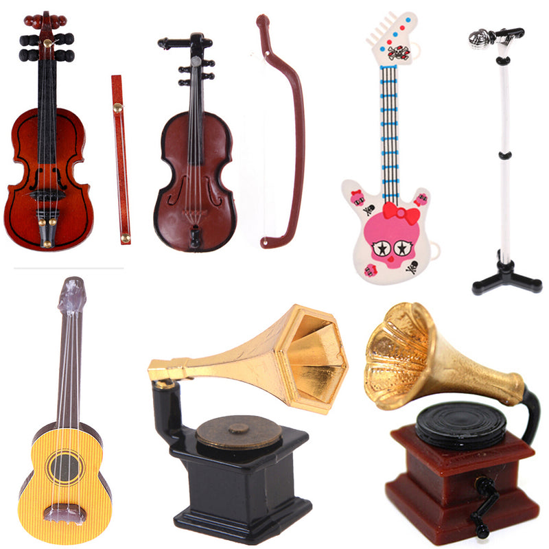 Micrófono Fonógrafo Guitarra Violín Trompeta Saxofón Tambor Muñeca Instrumento musical para muñecas Casa de música Bar Accesorios para muñecas