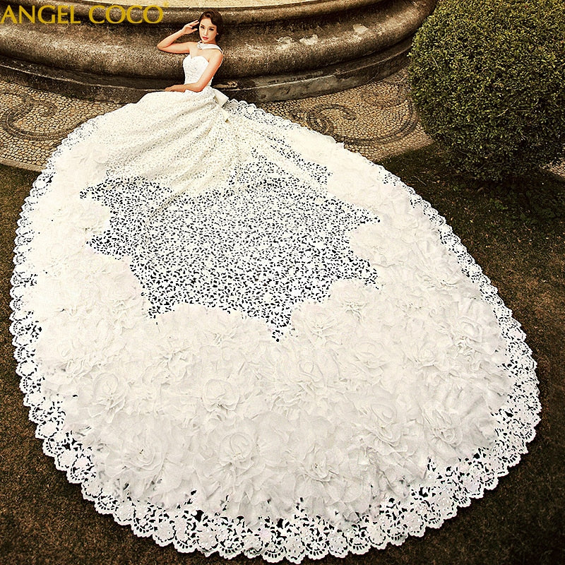 Royal Arabic Dubai Luxus Hochzeitskleid 2020 Schulterfrei Kirchenkleider Durchbrochene Stickerei Handgemachte weiße Brauthochzeitskleider