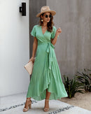 Summer Maxi Dress Women Polka Dot Sexy V Neck Ruffles Short Sleeve Holiday Long Beach Sundress Ladies Lace Up Wrap Party Dresses