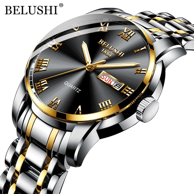 BELUSHI Top-Marke Luxus Herrenuhren Leuchtende Wasserdichte Edelstahluhr Quarz Herren Datum Kalender Business Armbanduhr