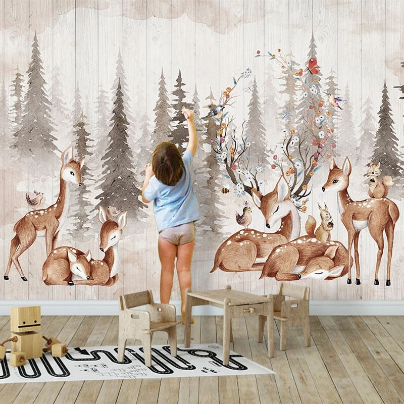 Custom Any Size Mural Wallpaper 3D Hand Painted Forest Vintage Elk Wall Painting Kid's Bedroom Background Wall Papel De Parede