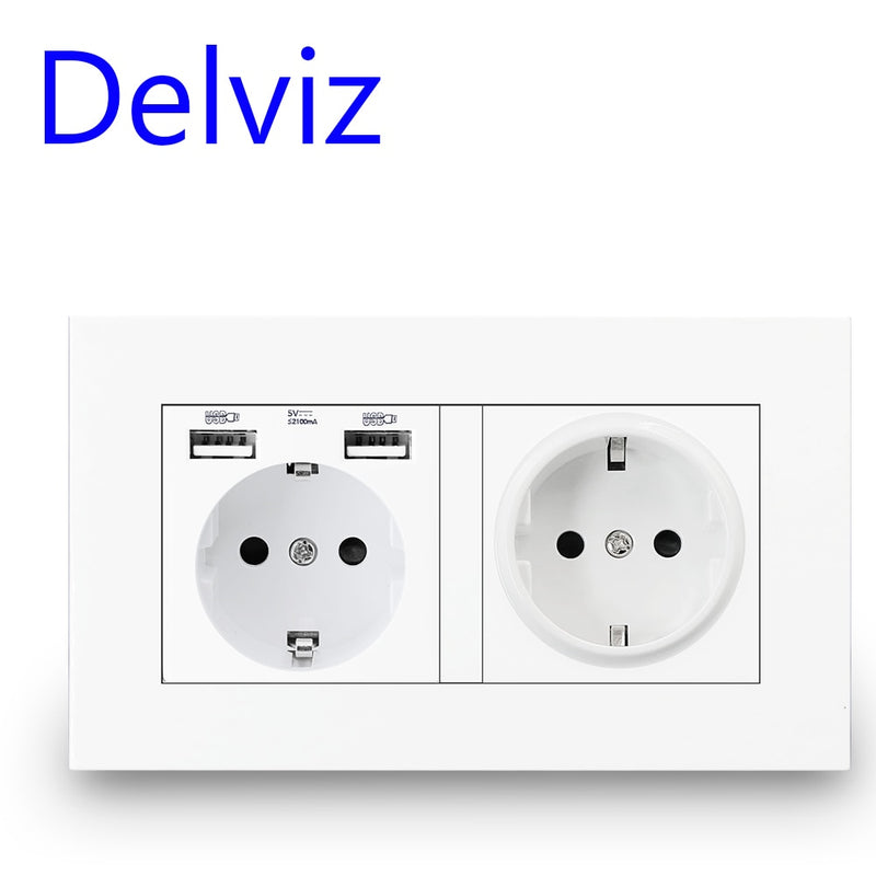 Delviz EU Standard USB socket, Double Outlet,16A Quality power panel AC 110~250V 146mm * 86mm,Double frame Wall USB Power Outlet