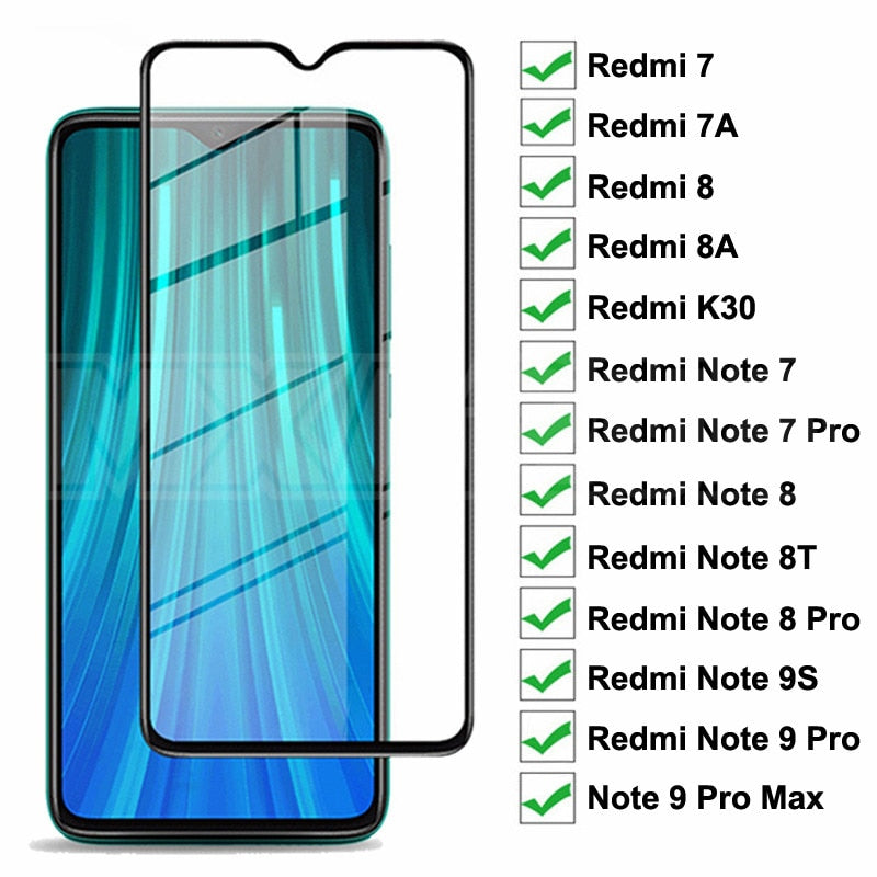 Vidrio Protector completo 9D para Xiaomi Redmi 8 8A 7 7A K30 Protector de pantalla templado Redmi Note 7 8 8T 9S 9 Pro Max Glass Film Case