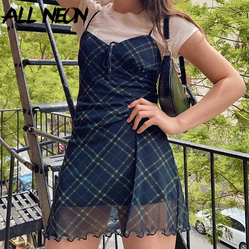 ALLNeon E-Girl 90s Spaghetti Strap Bandage Front Ruffles Plaid Dresses Vintage Mesh V-neck Backless A-line Mini Dress Partywear