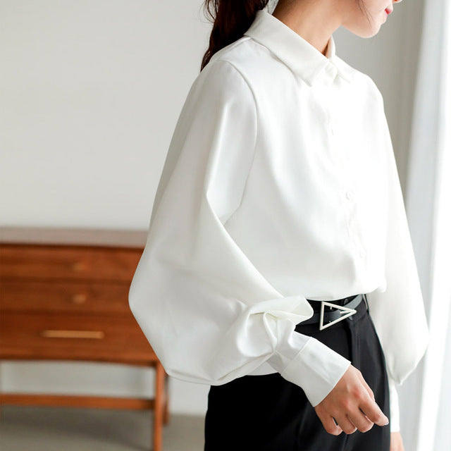 Blusa vintage con cuello vuelto para mujer, camisas de manga farol para primavera y otoño, tops blancos, camisa de manga larga, túnica negra para mujer