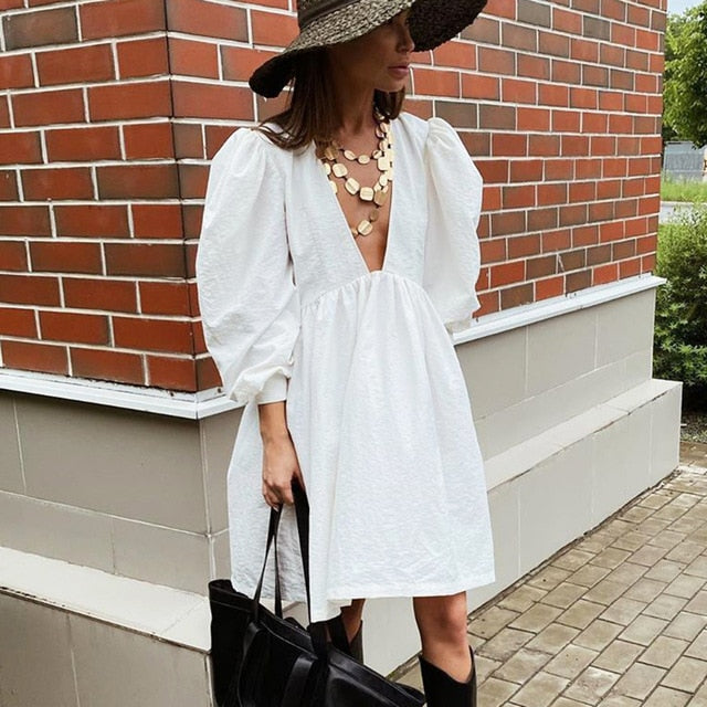 Bclout Casual Mini Fit and Flare Dress Women Puff Sleeve V Neck Black Party Dresses White Buttons Long Sleeve Autumn Vestido