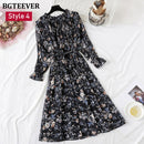 BGTEEVER Spring Stand Collar Floral Print Women Dress Lace Up Female Pleated Dress Summer Party Midi Chiffon Vestidos femme 2021