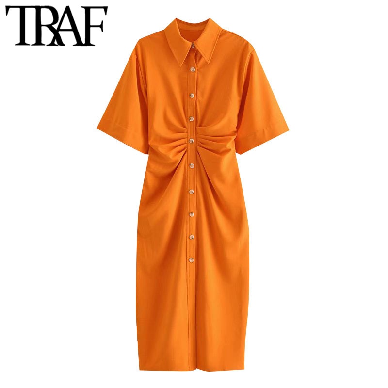TRAF Women Chic Fashion Button-up Draped Midi Shirt Dress Vintage Short Sleeve Side Zipper Female Dresses Vestidos