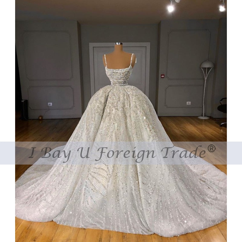 Luxury Ruffle Long Train Wedding Dress 2021 Sexy Strap Full Beading Bridal Ball Gown Vestido De Noiva